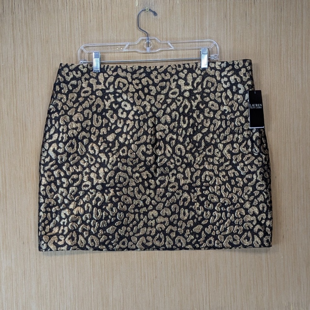 Lauren Ralph Lauren Gold Metallic Leopard Jacquard Mini Skirt Size 16 Black NWT